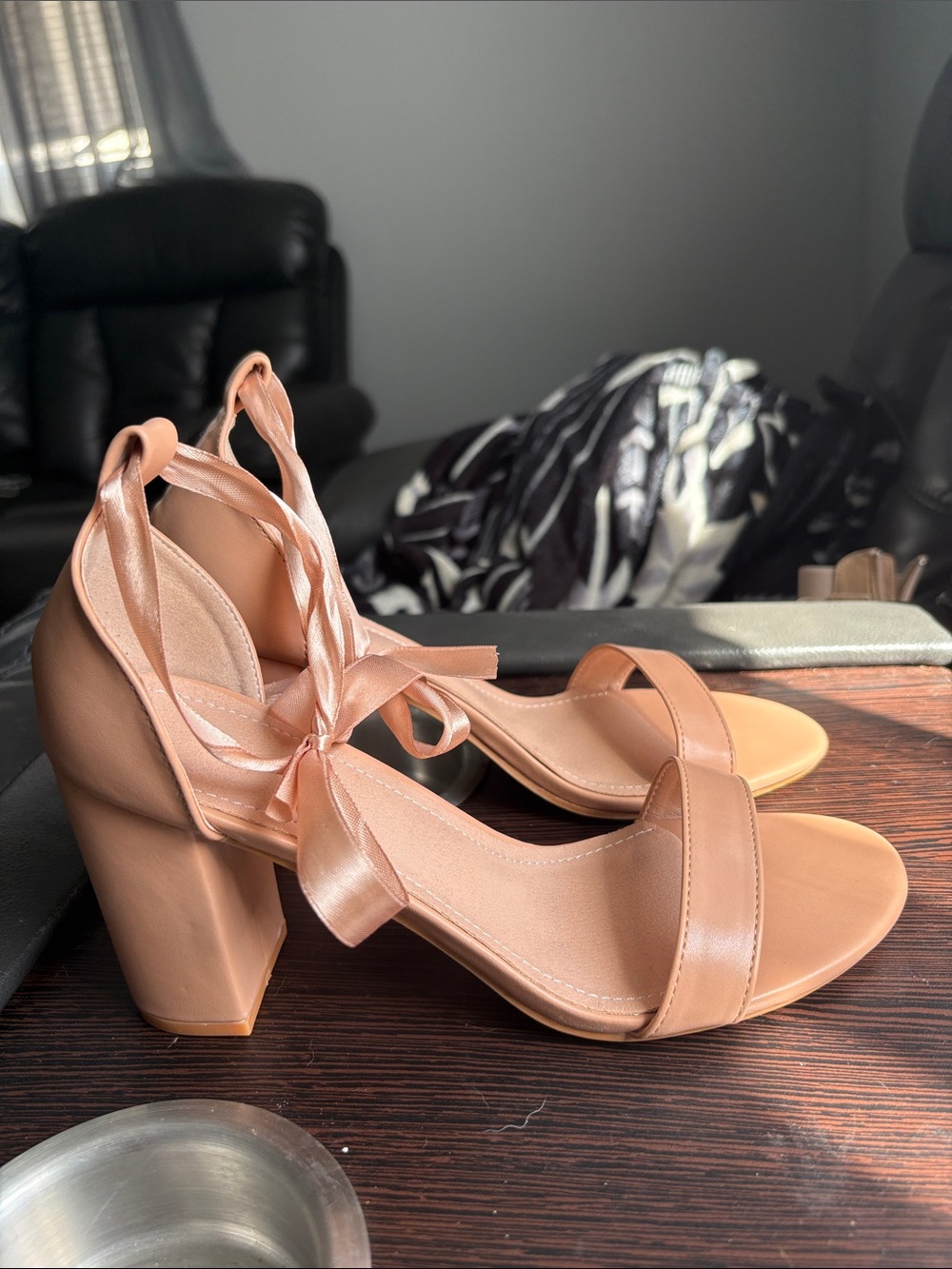 SHEIN Blush Pink Ankle-Tie Block Heel Sandals